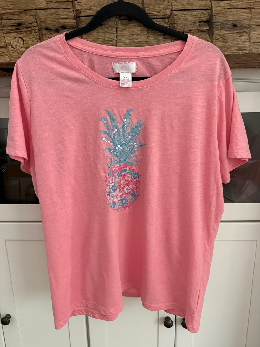 Stella Parker Sequin Pineapple Tee XXL Peach Tropical Embellished Top vacation